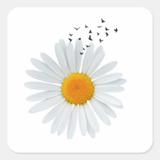 Daisy Flower with Flock of Birds Square Sticker