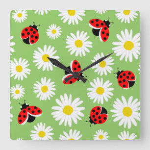 Daisy flowers and ladybirds  square wall clock