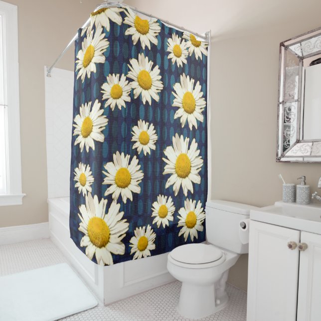 Daisy Flowers and Oval Geometric Blue Yellow Shower Curtain (In Situ)