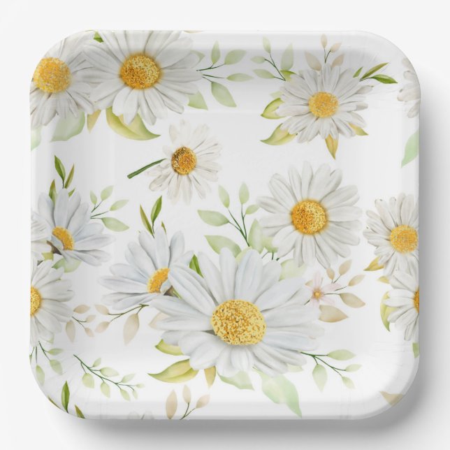 Daisy Flowers Birthday Party Shower White Yellow Paper Plate (Front)