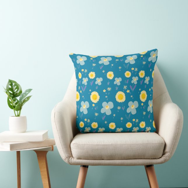 Daisy Flowers Blue Cream Yellow Purple Kingfisher Cushion (Chair)