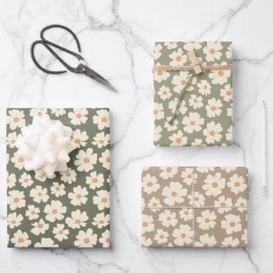 Daisy Flowers Brown Green Hues Wrapping Paper Sheet