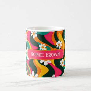 Daisy Flowers Colorful Retro Pattern with Name Coffee Mug