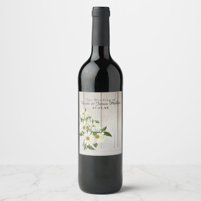 Daisy Flowers Country Floral & Rustic Wood Wine Label (Front)