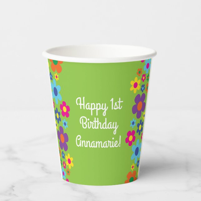 Daisy Flowers Cute Hippie 1st Birthday Kids Paper Cups (Front)