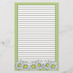 Daisy Flowers Green Floral Drawing Lined Stationery