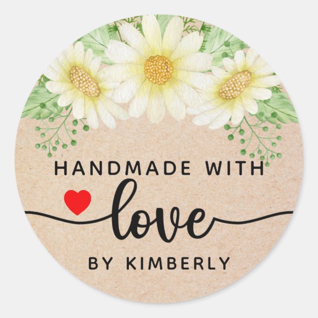 Daisy Flowers Handmade with Love Classic Round Sticker (Front)