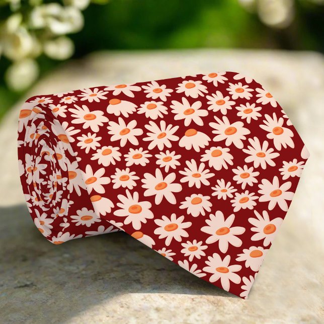 Daisy Flowers Illustration Red Pattern Wedding Tie (Creator Uploaded)