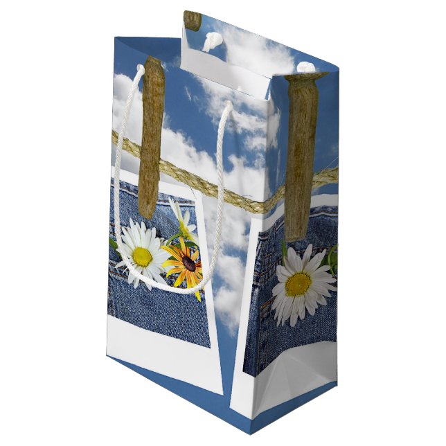 daisy flowers in blue jean pocket small gift bag (Back Angled)