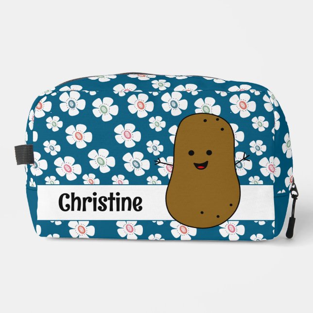 Daisy Flowers Ocean Blue Brown Potato Custom Dopp Kit (Front)