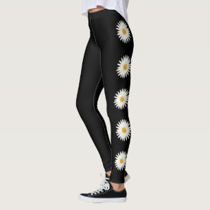 Daisy Flowers On Black Background Colour Leggings