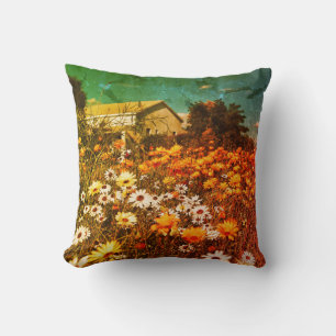 Daisy Flowers Orange Blue Cushion Throw Pillow