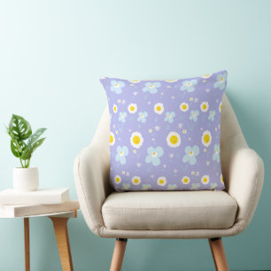 Daisy Flowers Pastel Blue White On Lavender Cushion