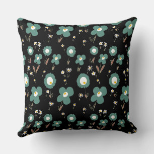Daisy Flowers Pastel Sage White Yellow Black Cushion