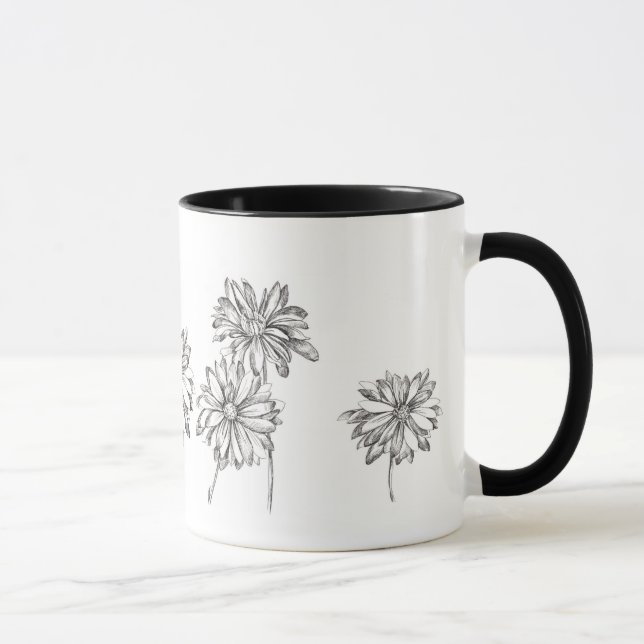 Daisy Flowers Pen and Ink Drawing Black Mug (Right)