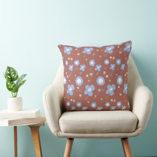 Daisy Flowers Periwinkle White Yellow Brown Cushion