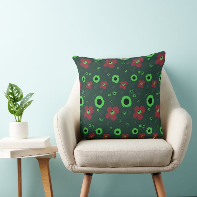 Daisy Flowers Red Green Black Cushion (Chair)