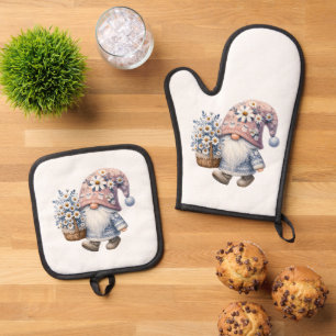 Daisy Flowers Springtime Gnome Gift Her Oven Mitt & Pot Holder Set