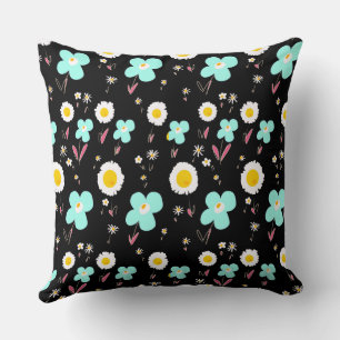 Daisy Flowers Turquoise White Pink Black Cushion