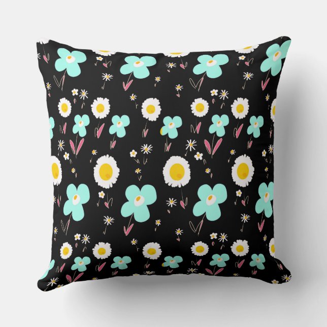 Daisy Flowers Turquoise White Pink Black Cushion (Back)