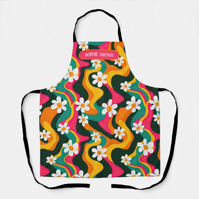 Daisy Flowers Vibrant Retro Pattern with Name Apron (Front)