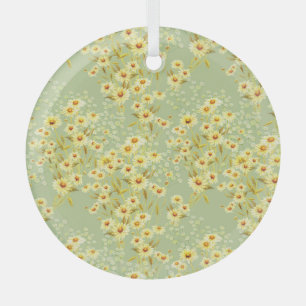 Daisy Flowers: Watercolor Dark Seamless. Glass Tree Decoration