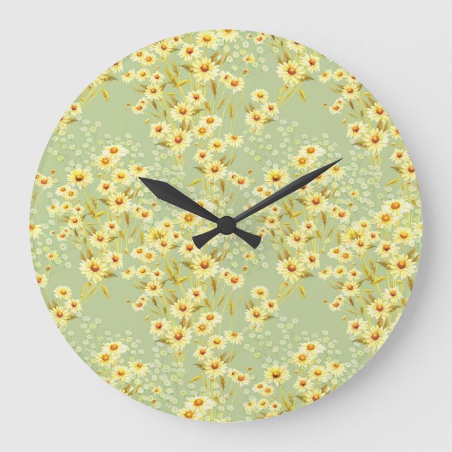 Daisy Flowers: Watercolor Dark Seamless. Large Clock (Front)
