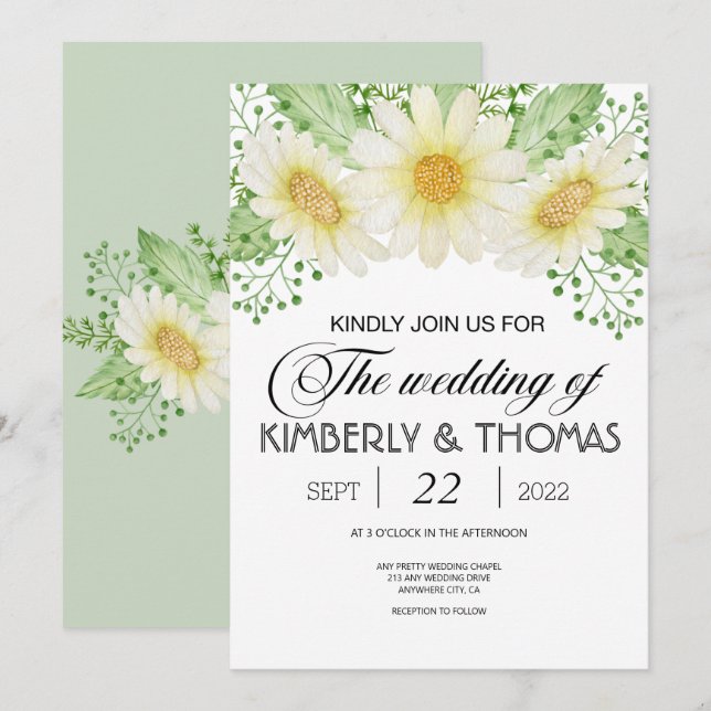 Daisy Flowers Watercolor Wedding Invitation (Front/Back)
