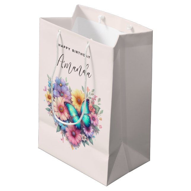 Daisy Flowers with a Beautiful Butterfly Birthday Medium Gift Bag (Back Angled)