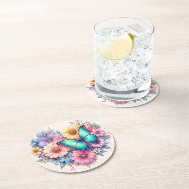 Daisy Flowers with a Beautiful Butterfly Round Paper Coaster (Insitu)