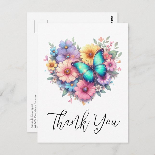 Daisy Flowers with a Beautiful Butterfly Thank You Postcard (Front/Back)