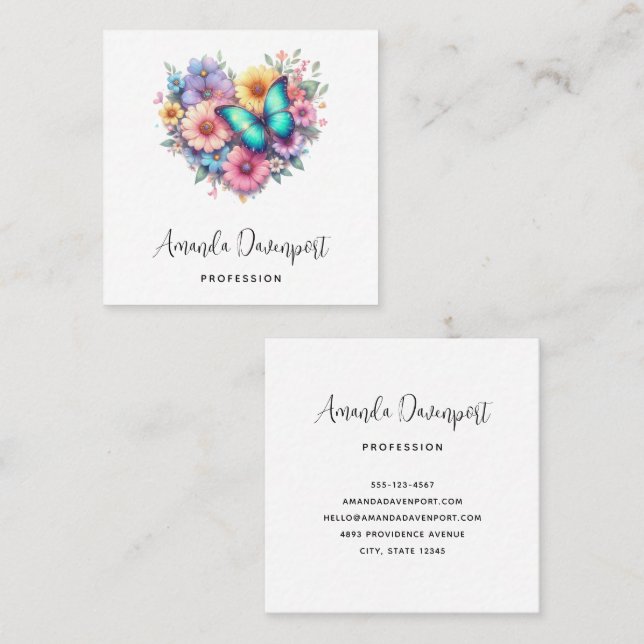 Daisy Flowers with a Blue Butterfly Square Business Card (Front/Back)