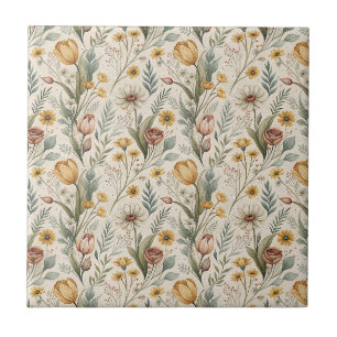 Daisy Flowers & Yellow Tulip Floral Garden Design Tile