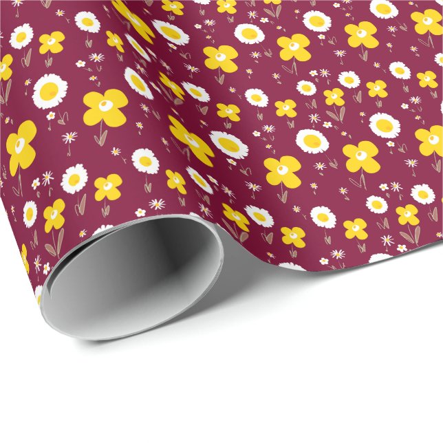 Daisy Flowers Yellow White Maroon Wrapping Paper (Roll Corner)