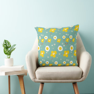 Daisy Flowers Yellow White On Teal Green  Cushion