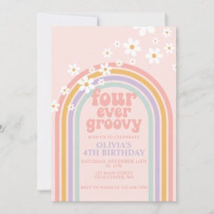 Daisy Four Ever Groovy Pastel rainbow 4th birthday Invitation