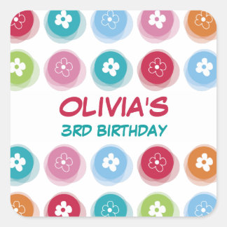 Daisy Fuzzy Colour Dots Girl Birthday Party Sticke Square Sticker