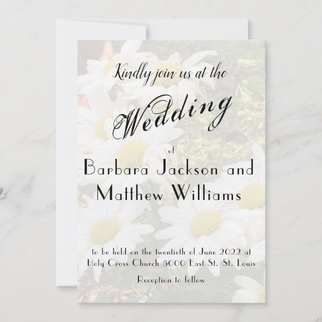Daisy Garden Behind Flowing Script Wedding Invitation (Front)