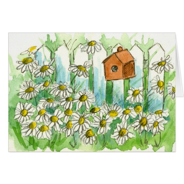 Daisy Garden Birdhouse Watercolor Flowers Blank (Front Horizontal)