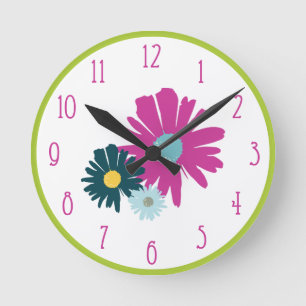 Daisy Garden Botanical Wildflower Pink Round Clock