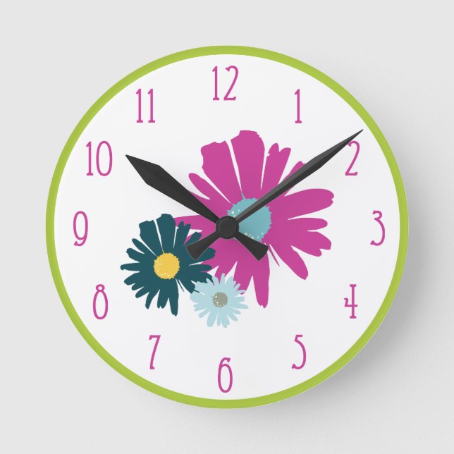 Daisy Garden Botanical Wildflower Pink Round Clock (Front)