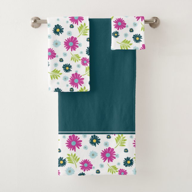 Daisy Garden Flower Pink Blue  Bath Towel Set (Insitu)