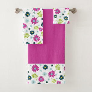 Daisy Garden Flowers Pink Blue Design Pattern Bath Towel Set