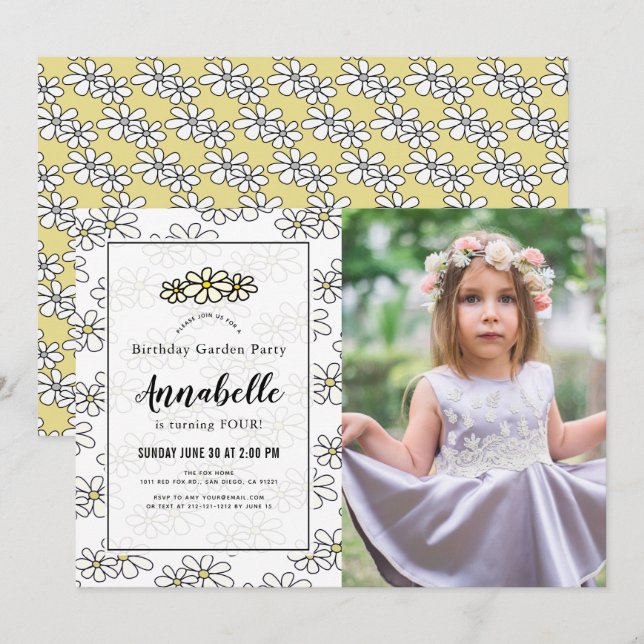 Daisy Garden Party White Photo Birthday Invitation (Front/Back)