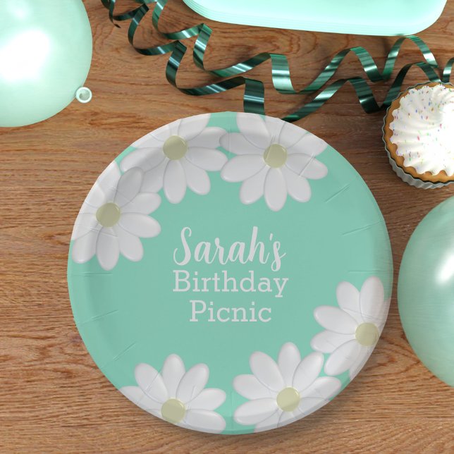 Daisy Green Summer Birthday Paper Plates (A cute mint green and daisy paper plate perfect for summer birthday picnics. Just add your name)