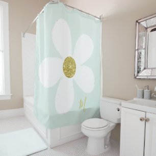 Daisy Green White Simple  Floral Gold Personal Shower Curtain