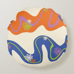 Daisy Groove Blue, Orange, Purple, Green, & Cream Round Cushion