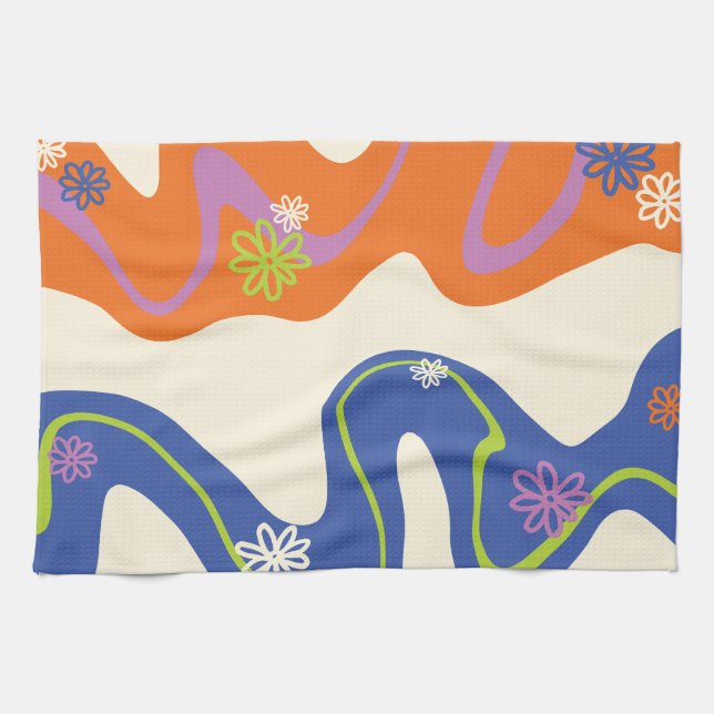 Daisy Groove Blue, Orange, Purple, Green, & Cream Tea Towel (Horizontal)