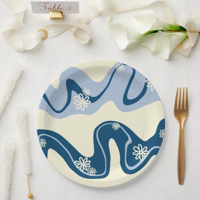 Daisy Groove - Dark Blue, Light Blue and Cream Paper Plate (Wedding)