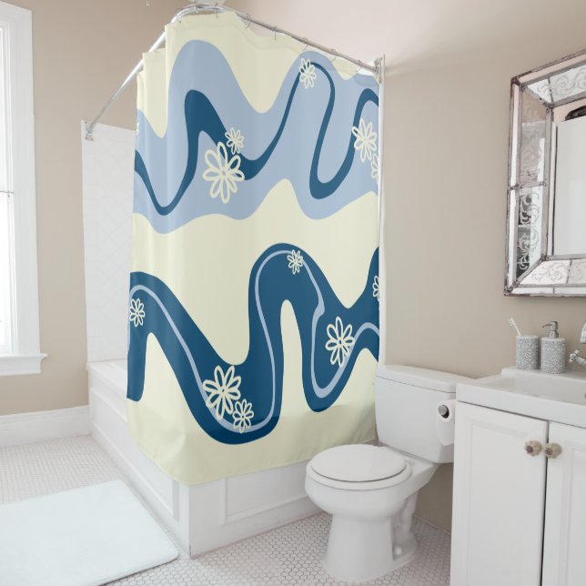 Daisy Groove - Dark Blue, Light Blue and Cream Shower Curtain (In Situ)